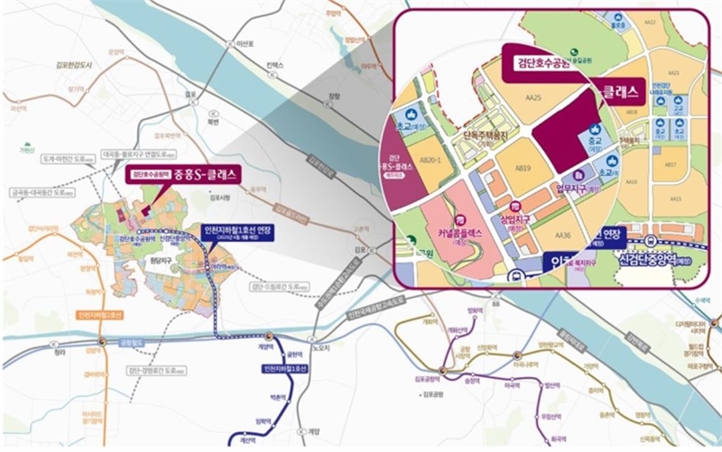 중흥건설이 분양하는 인천 검단신도시 AA24BL '검단호수공원역 중흥S클래스'가 7월 11일 견본주택을 오픈하고 본격적인 분양 일정에 들어간다.[위치도=중흥건설]