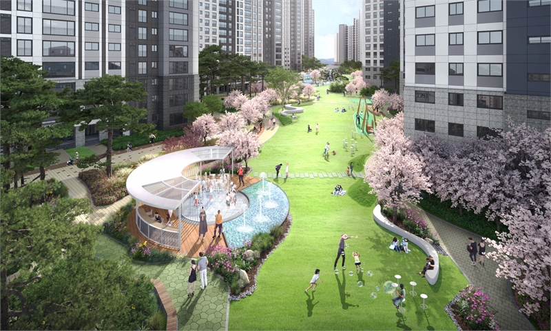 9월 인천 검단신도시 AB8블록에 선보이는 ‘검단 센트레빌 에듀시티’는 검단 최대 규모(길이 365m, 폭 65m, 면적 약 1만4085㎡)의 오픈 스페이스 ‘그랜드 365’가 단지 중앙에 계획돼 있다.[조감도=동부건설]