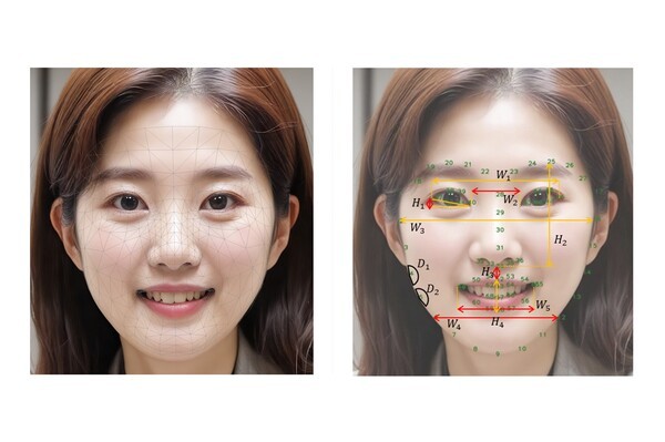 LG생활건강은  ‘비전 AI(Vision AI)’ 기술을 활용해 눈가, 입술, 얼굴 윤곽 등 얼굴 부위별 노화 속도의 차이를 규명하는 데 성공했다.(왼쪽부터) 안면 특징점 추출 기술 적용, 얼굴 부위별 6가지 노화 지표 정의.[사진=LG생활건강]