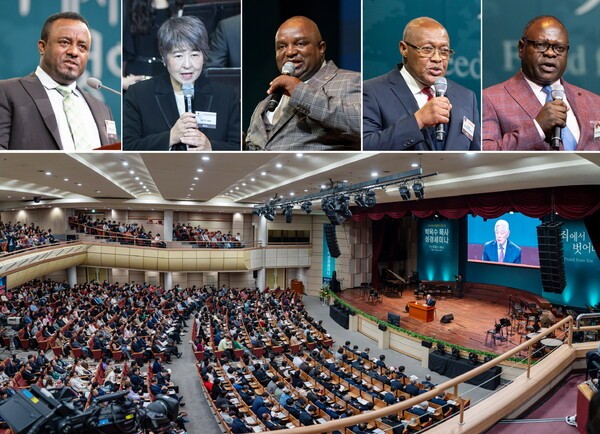 박옥수 목사 성경세미나가 ‘죄에서 벗어나’를 주제로 10월 25일 서울 강남구 기쁜소식강남교회에서 막을 내렸다. 해외 목회자들이 축사를 하고 있다. (왼쪽부터) 에티오피아 총복음교회 연합회 사무총장 게트네트 레마, 일본 신조교회 담임목사 사이토 마이, 짐바브웨 엘벧엘교회 설립자 알렉 무티즈와, 아이티 복음연합회 회장 장 리가우 아밀까 안토니, 말라위 침례교단 총회장 매튜스 피리. [사진=기쁜소식선교회]