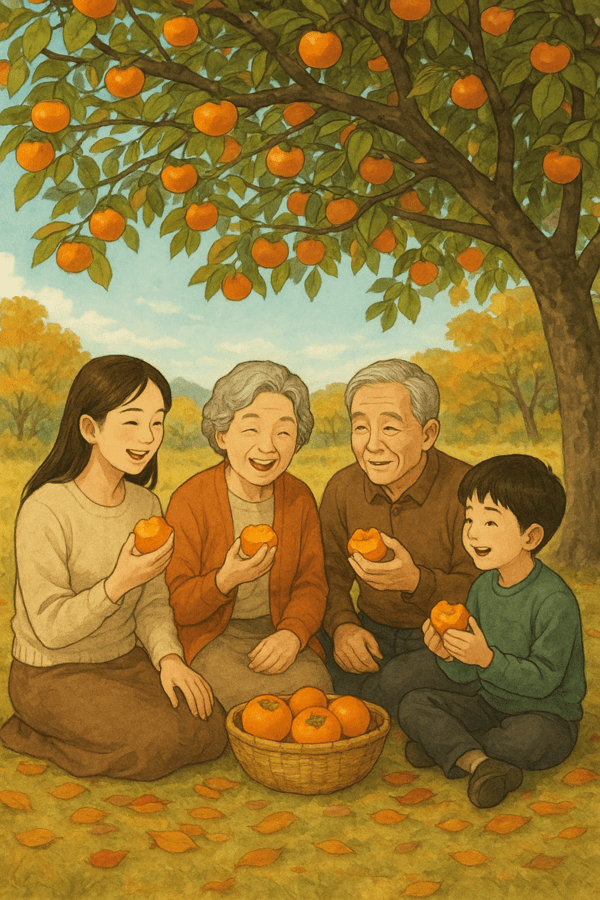 감나무 아래에서 펼쳐지는 농촌의 풍경, 가족이 함께 모여 감을 따고 홍시를 만들어 나누어 먹는 모습은 공동체의 따뜻함을 보여줍니다.[이미지=AI 생성]