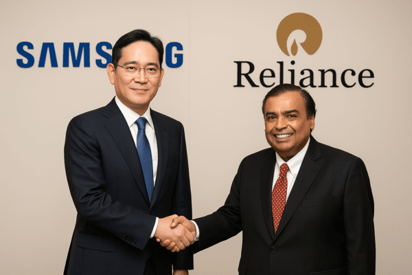 이재용 삼성전자 회장은 11월 25일 무케시 암바니 릴라이언스 회장을 만나 AI 데이터센터·반도체·6G·XR·미래 디스플레이·배터리·EPC(설계·조달·시공) 등 신사업 협력 확대 방안을 논의했다.[이미지=생성형 AI]